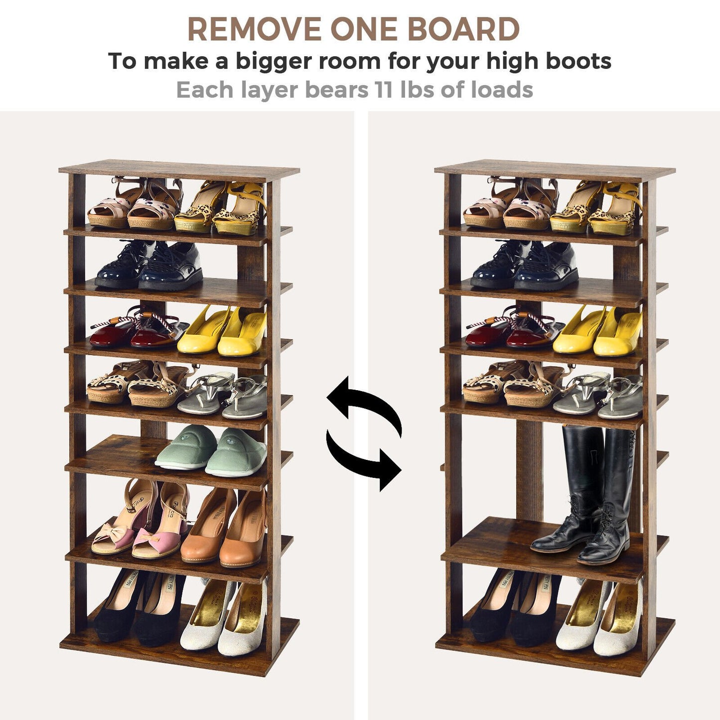 7-Tier Dual 14 Pair Shoe Rack Free Standing Concise Shelves Storage, Brown - Gallery Canada