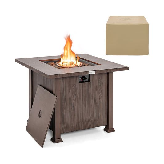 32 Inch 50 000 BTU Square Fire Pit Table with Lid and Lava Rocks, Brown