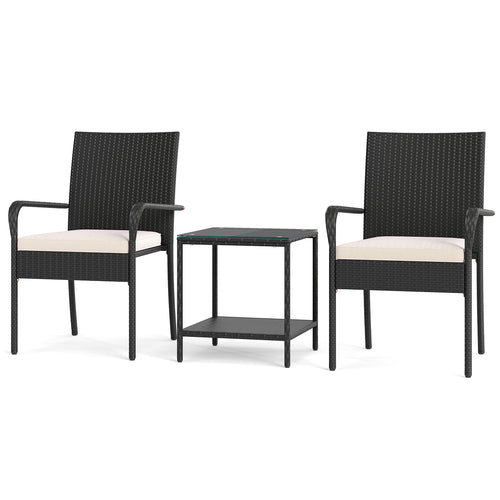 3 Piece Patio Furniture Set with Seat Cushions and Tempered Glass , White