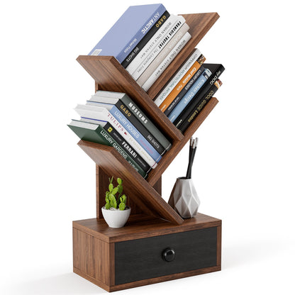 5-Tier Floor Standing Tree Bookcase with Drawer, Brown - Gallery Canada