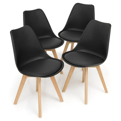Ensemble de 4 chaises de salle à manger, coque moderne du milieu du siècle, siège en PU avec pieds en bois, noir