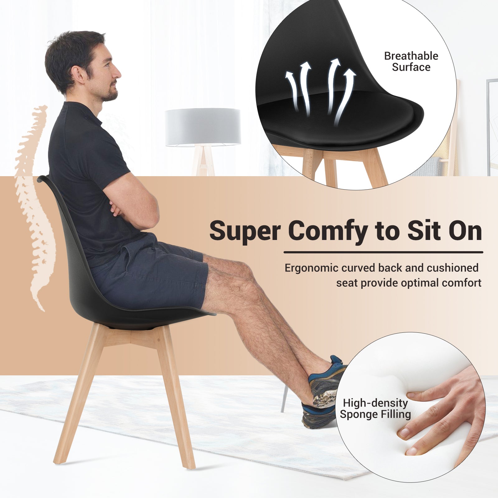 Set of 4 Dining Chairs Mid-Century Modern Shell PU Seat with Wooden Legs, Black Dining Chairs at Gallery Canada