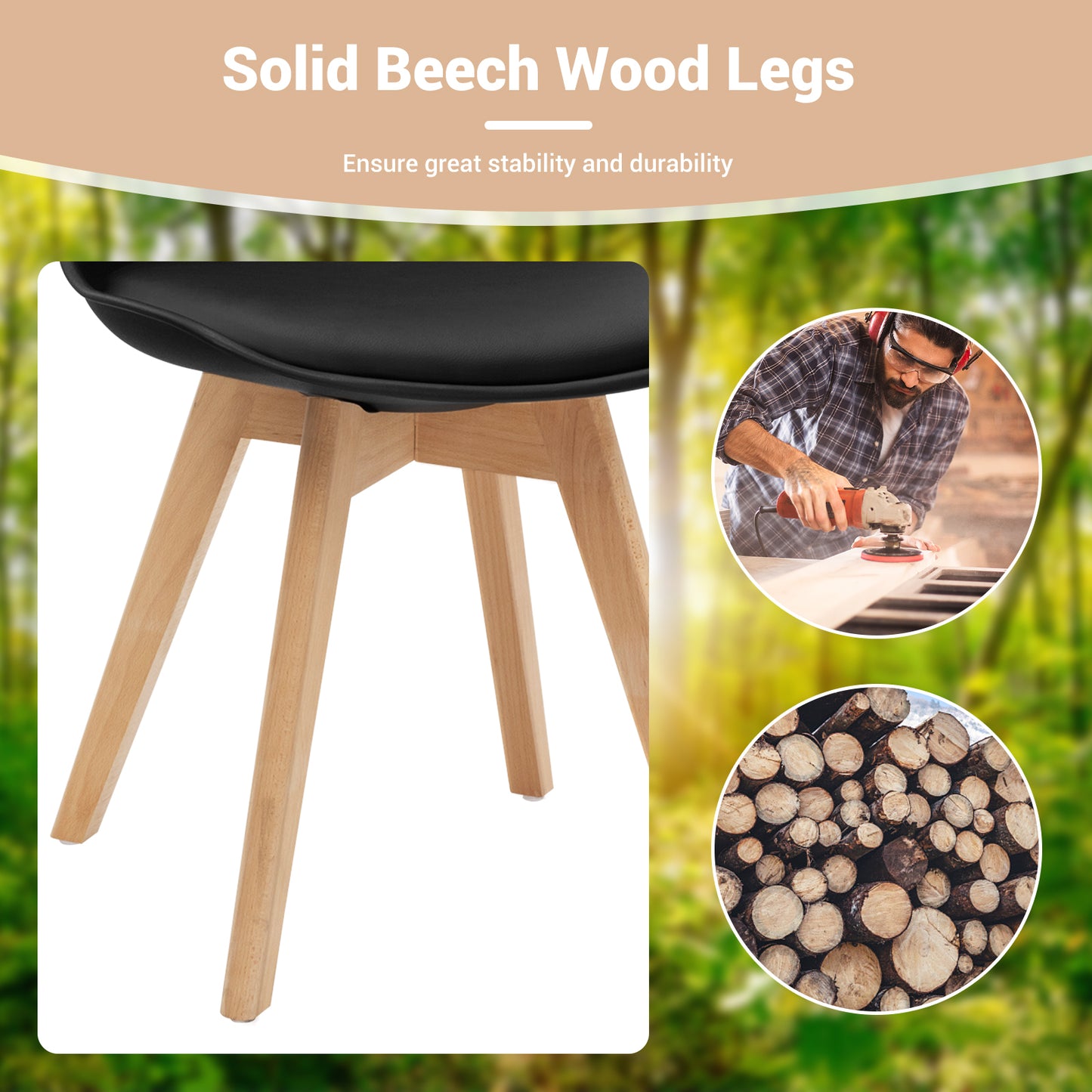 Set of 4 Dining Chairs Mid-Century Modern Shell PU Seat with Wooden Legs, Black Dining Chairs at Gallery Canada