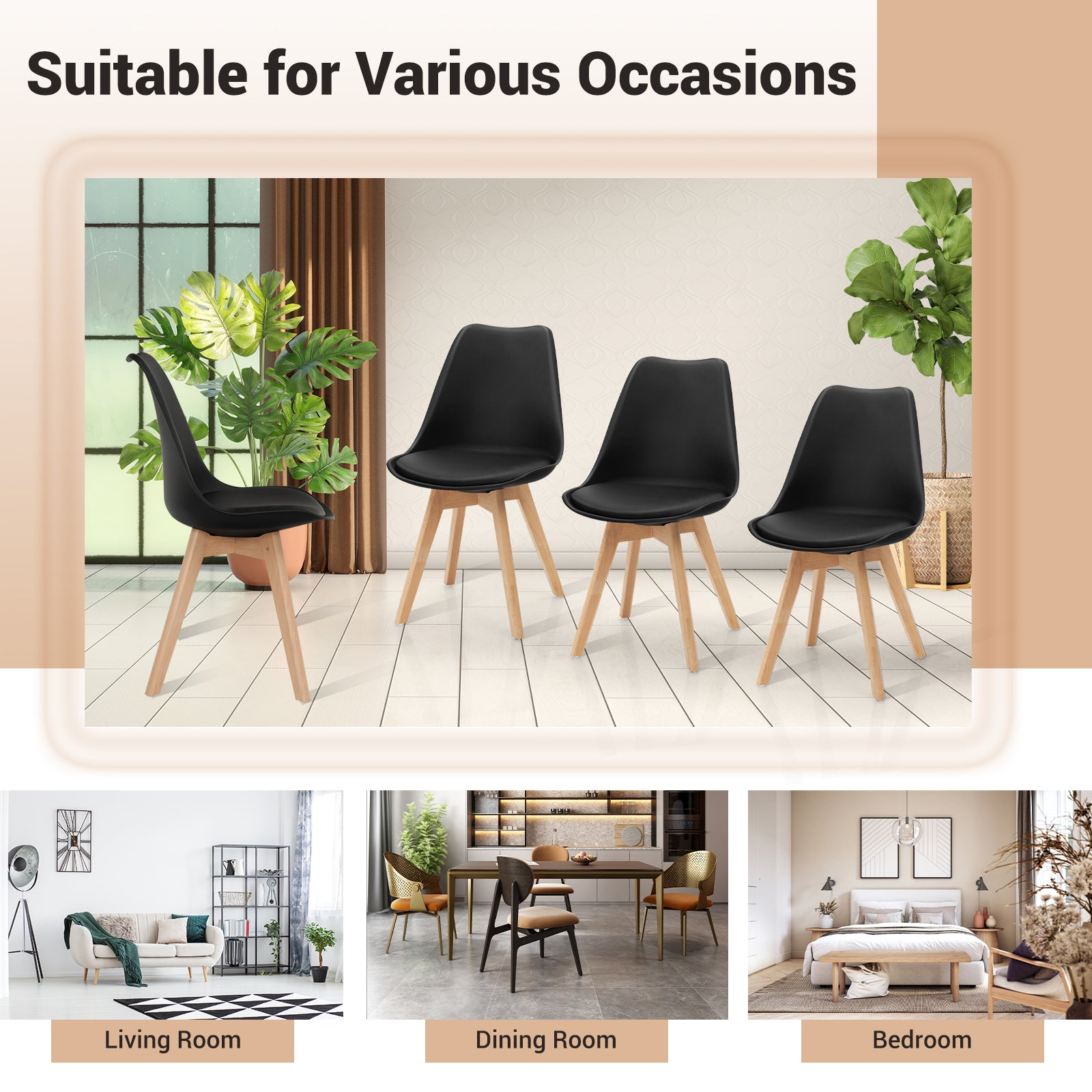 Set of 4 Dining Chairs Mid-Century Modern Shell PU Seat with Wooden Legs, Black Dining Chairs at Gallery Canada