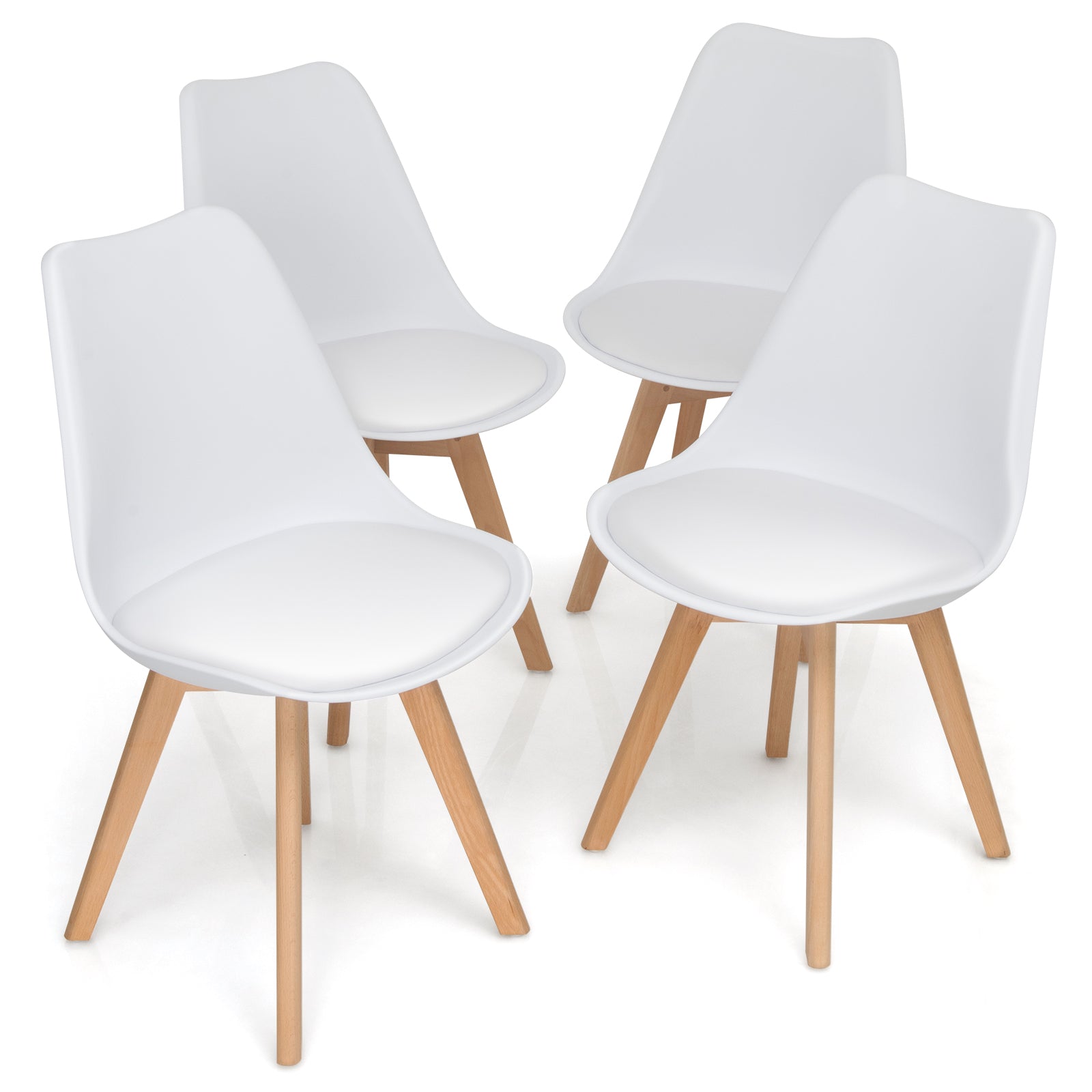 Set of 4 Dining Chairs Mid-Century Modern Shell PU Seat with Wooden Legs, White Dining Chairs White at Gallery Canada