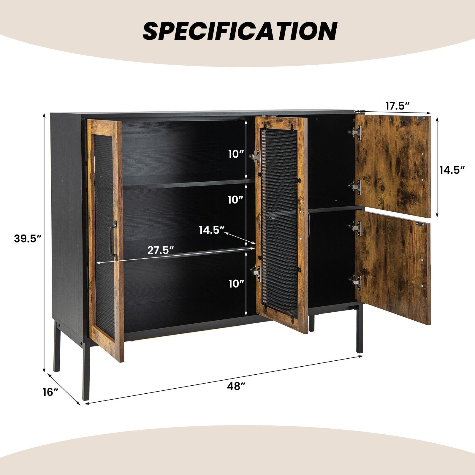 48" Industrial Kitchen Buffet Sideboard with Metal Mesh Doors and Anti-toppling Device, Brown - Gallery Canada