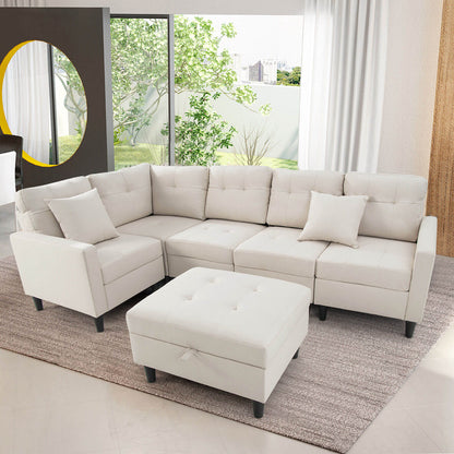 L-shaped Sectional Corner Sofa Set with Storage Ottoman, Beige