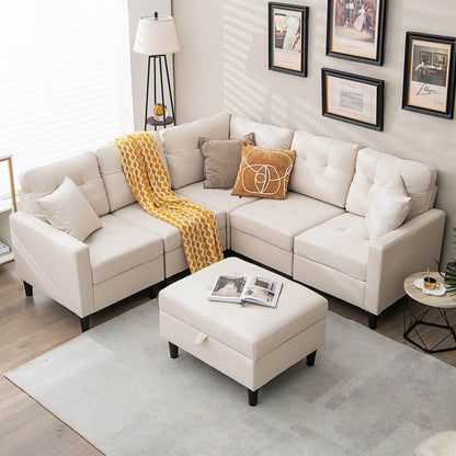 L-shaped Sectional Corner Sofa Set with Storage Ottoman, Beige