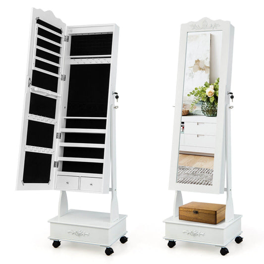 Rolling Floor Standing Mirrored Jewelry Armoire with Lock and Drawers, White - Gallery Canada