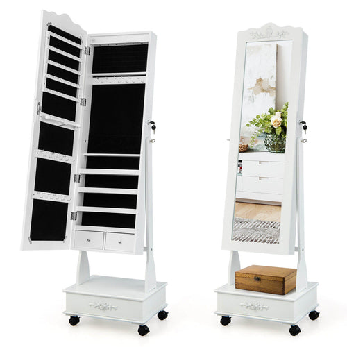 Rolling Floor Standing Mirrored Jewelry Armoire with Lock and Drawers, White