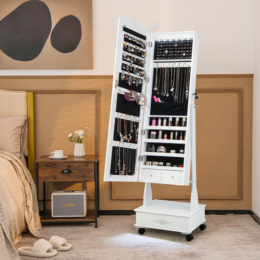 Rolling Floor Standing Mirrored Jewelry Armoire with Lock and Drawers, White - Gallery Canada