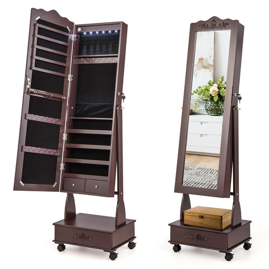 Rolling Floor Standing Mirrored Jewelry Armoire with Lock and Drawers, Brown at Gallery Canada