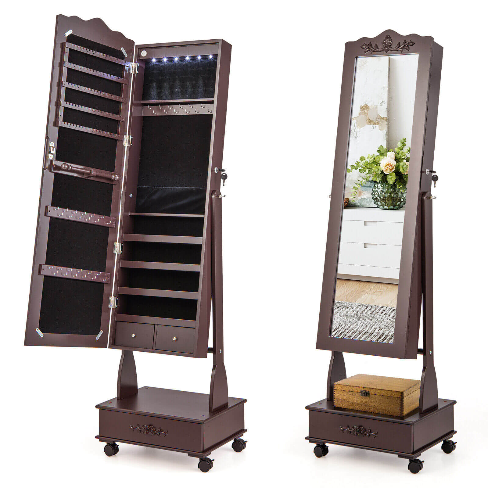 Rolling Floor Standing Mirrored Jewelry Armoire, Lock, Drawers, Brown Jewelry Armoires Brown at Gallery Canada