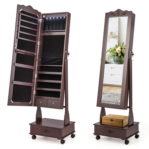 Rolling Floor Standing Mirrored Jewelry Armoire, Lock, Drawers, Brown
