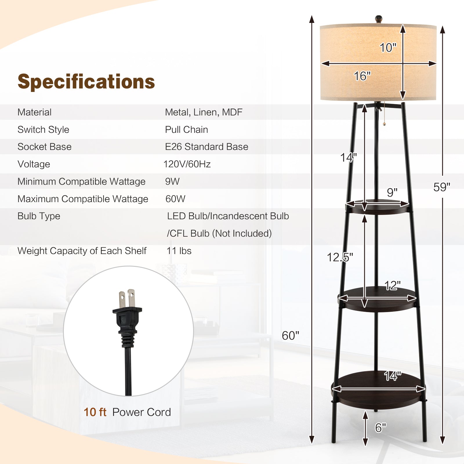 Standing Shelf Floor Lamp, Storage Shelves, Linen Lampshade, Black Table & Floor Lamps at Gallery Canada