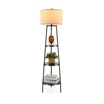 Shelf Floor Lamp with Storage Shelves and Linen Lampshade, Black