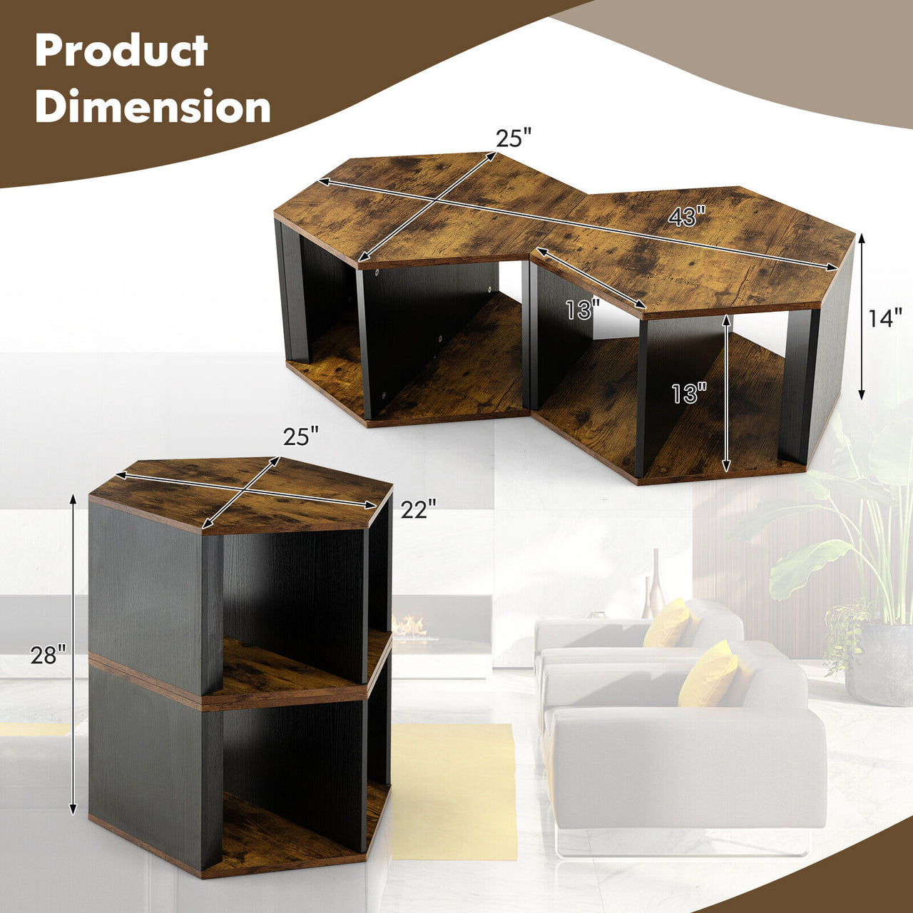 2 Pieces Hexagonal Side End Table for Living Office Coffee Room - Gallery View 4 of 10