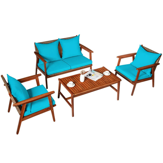 4 Pieces Acacia Wood Patio Rattan Furniture Set, Turquoise Patio Conversation Sets Turquoise at Gallery Canada