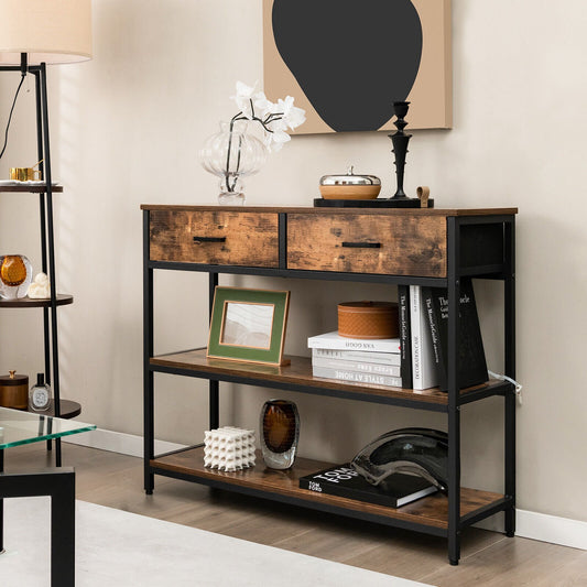 Console Table with Folding Fabric Drawers for Entryway, Rustic Brown - Gallery Canada