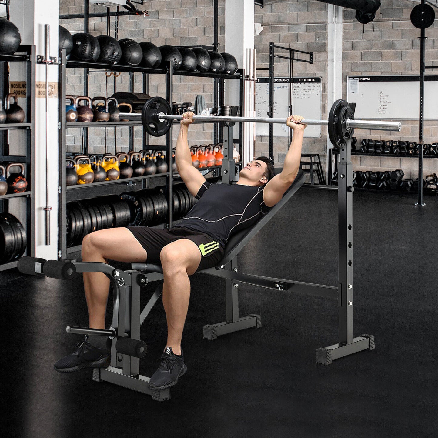 Adjustable Weight Bench and Barbell Rack Set with Weight Plate Post, Black Benches Racks & Bars at Gallery Canada