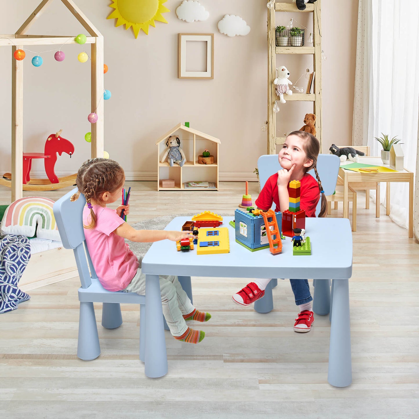 3 Pieces Toddler Multi Activity Play Dining Study Kids Table and Chair Set, Blue - Gallery Canada
