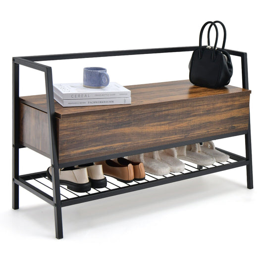 Industrial Shoe Bench with Storage Space and Metal Handrail, Rustic Brown - Gallery Canada