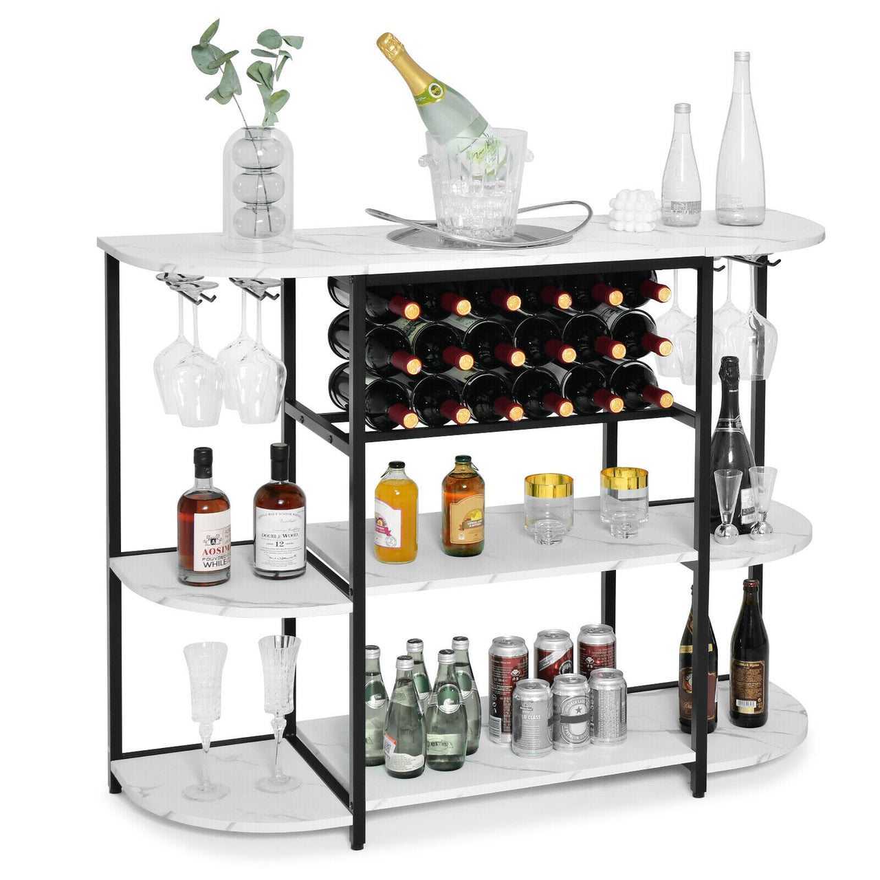 47 Inches Wine Rack Table with Glass Holder and Storage Shelves - Gallery View 4 of 10