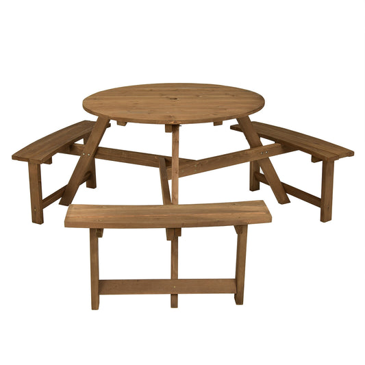 6-person Round Wooden Picnic Table with Umbrella Hole and 3 Built-in Benches, Dark Brown Picnic Tables Dark Brown at Gallery Canada