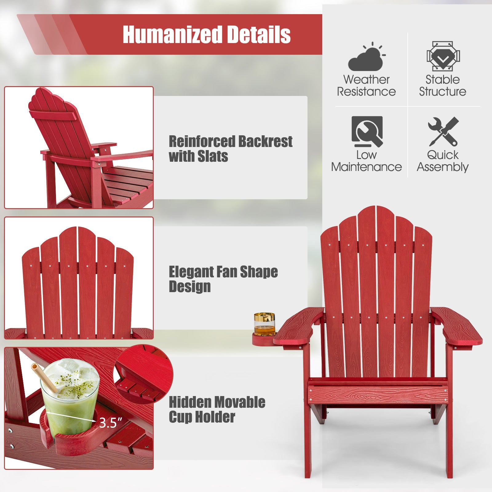 Weather Resistant HIPS Outdoor Adirondack Chair With Cup Holder, Red Adirondack Chairs at Gallery Canada