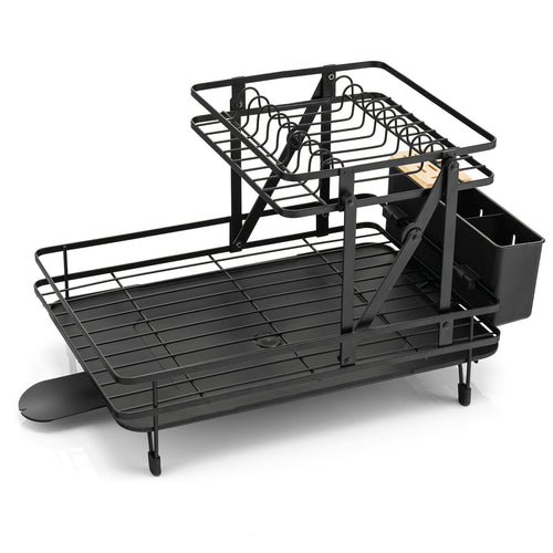 2-Tier Collapsible Dish Rack, Removable Drip Tray, Black