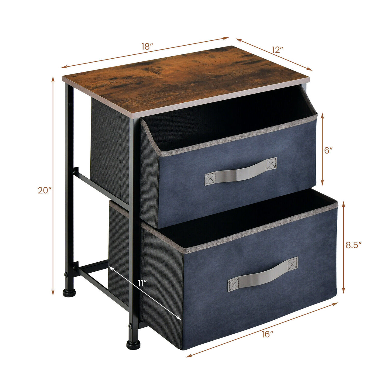 20 Inch Height Industrial Nightstand with 2 Pull-out Fabric Drawers - Gallery View 4 of 9