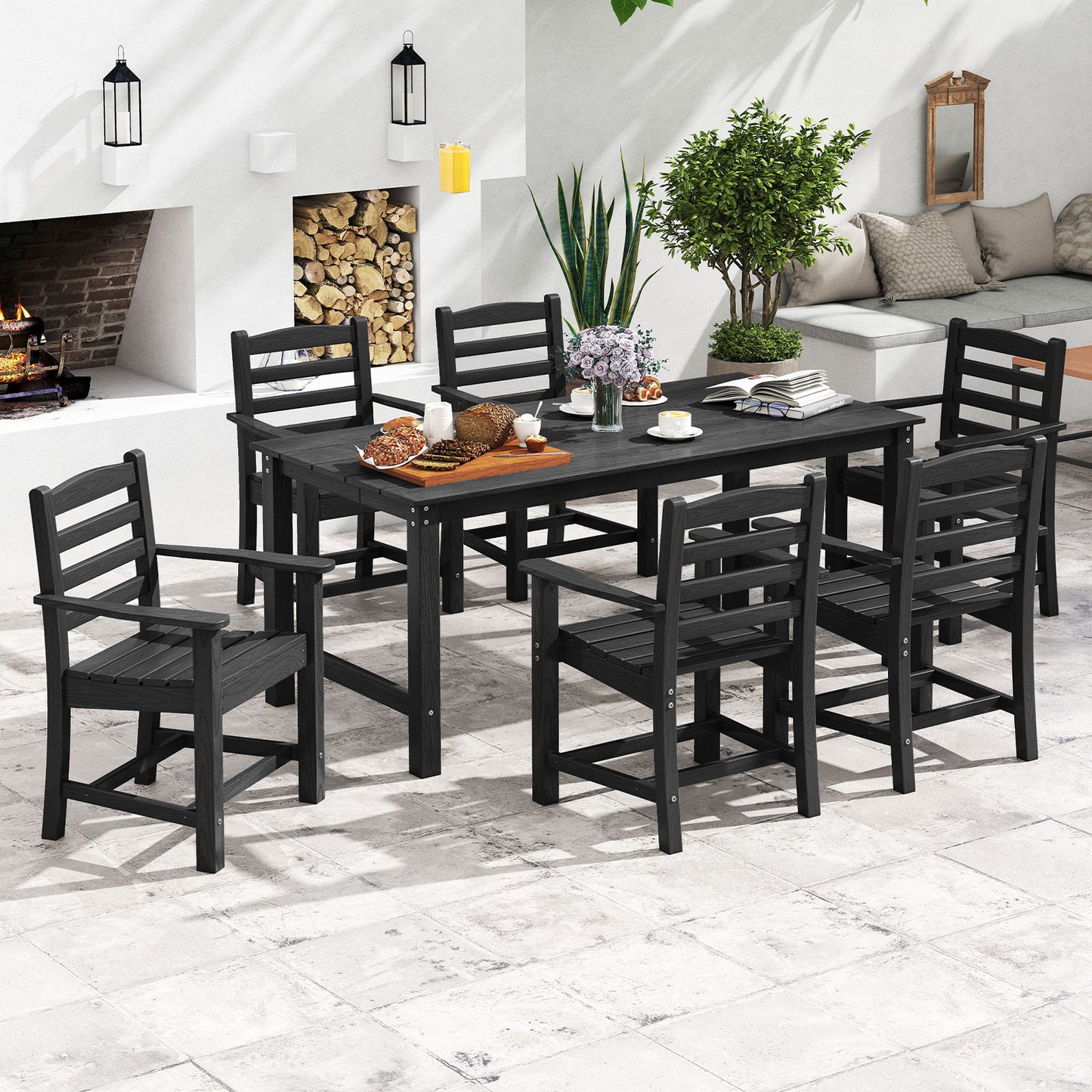 7 Pieces Outdoor Dining Table Set for 6 People 67” HDPE Patio Rectangle Table and 6 Armchairs, Black Patio Dining Sets at Gallery Canada