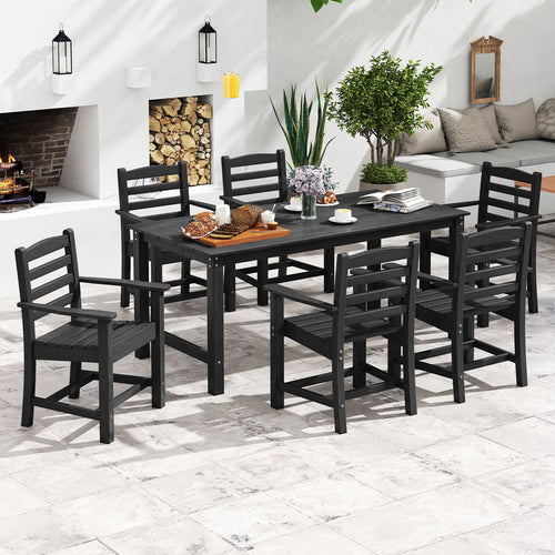 7 Pieces Outdoor Dining Table Set for 6 People 67” HDPE Patio Rectangle Table and 6 Armchairs, Black