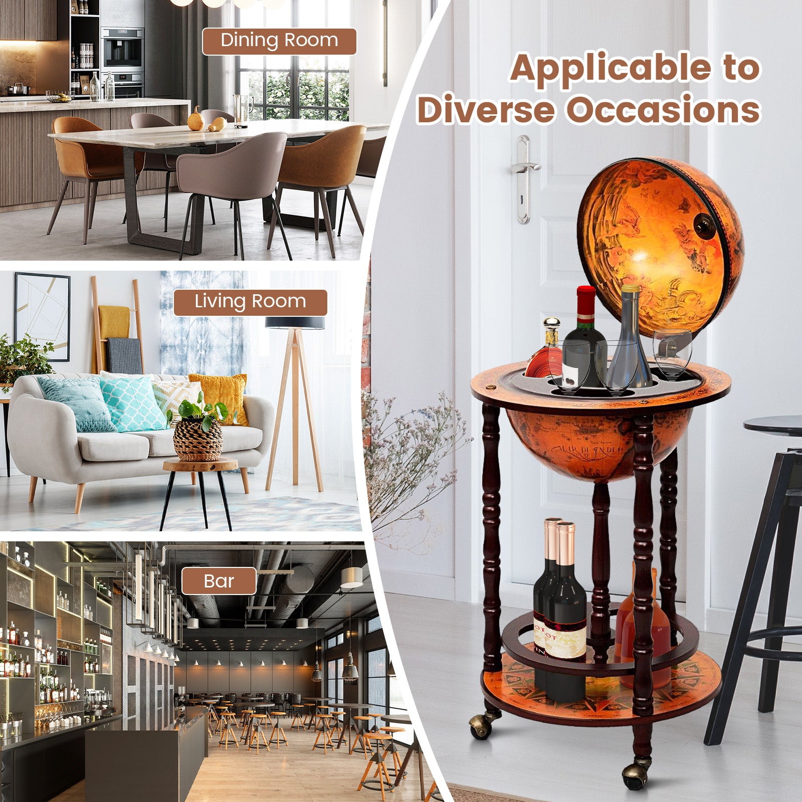 16th Century Wood Globe Wine Bar Stand, Dark Red Wine Racks at Gallery Canada