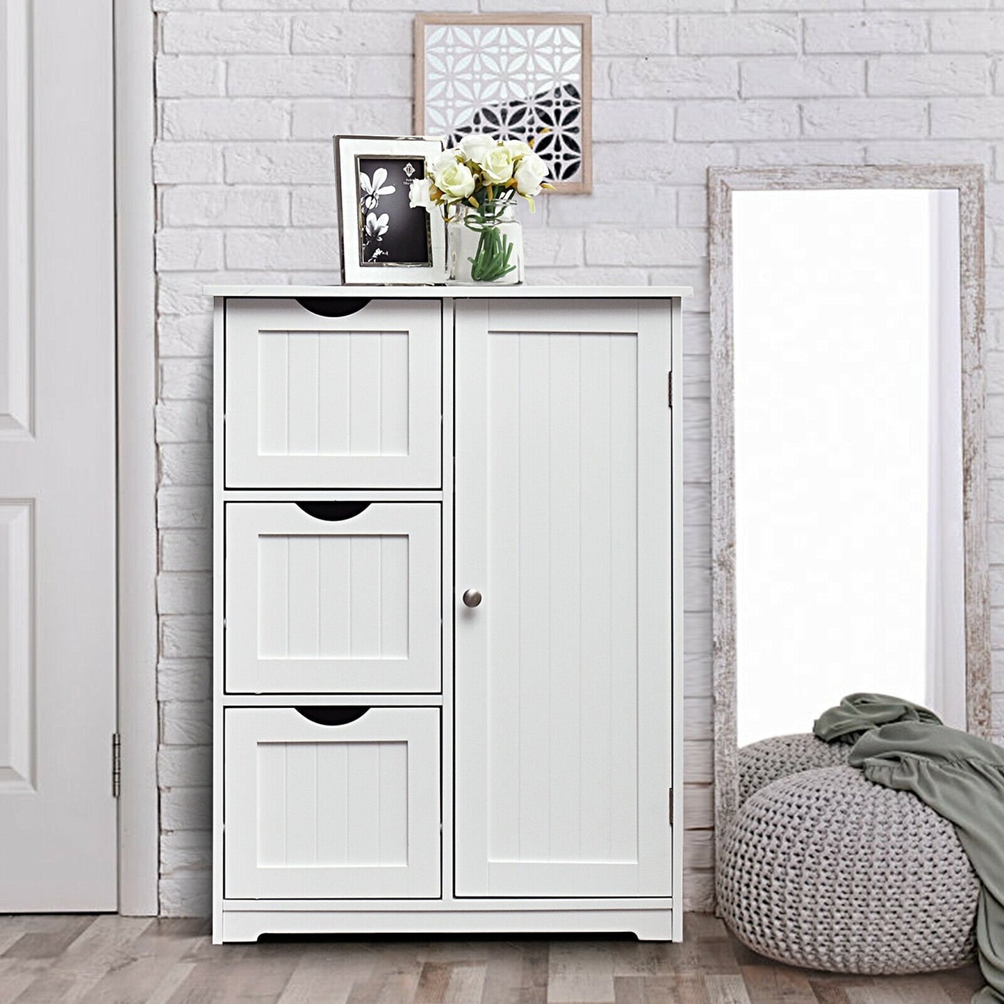 Bathroom Floor Cabinet Side Storage Cabinet with 3 Drawers and 1 Cupboard, White - Gallery Canada