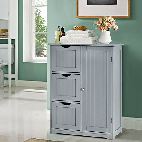 Bathroom Floor Cabinet Side Storage Cabinet with 3 Drawers and 1 Cupboard, Gray