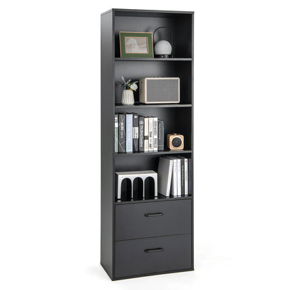6-Tier Tall Freestanding Bookshelf, 4 Open Shelves, 2 Drawers, Black Bookcases at Gallery Canada
