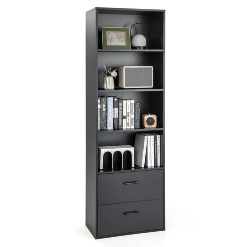 6-Tier Tall Freestanding Bookshelf, 4 Open Shelves, 2 Drawers, Black