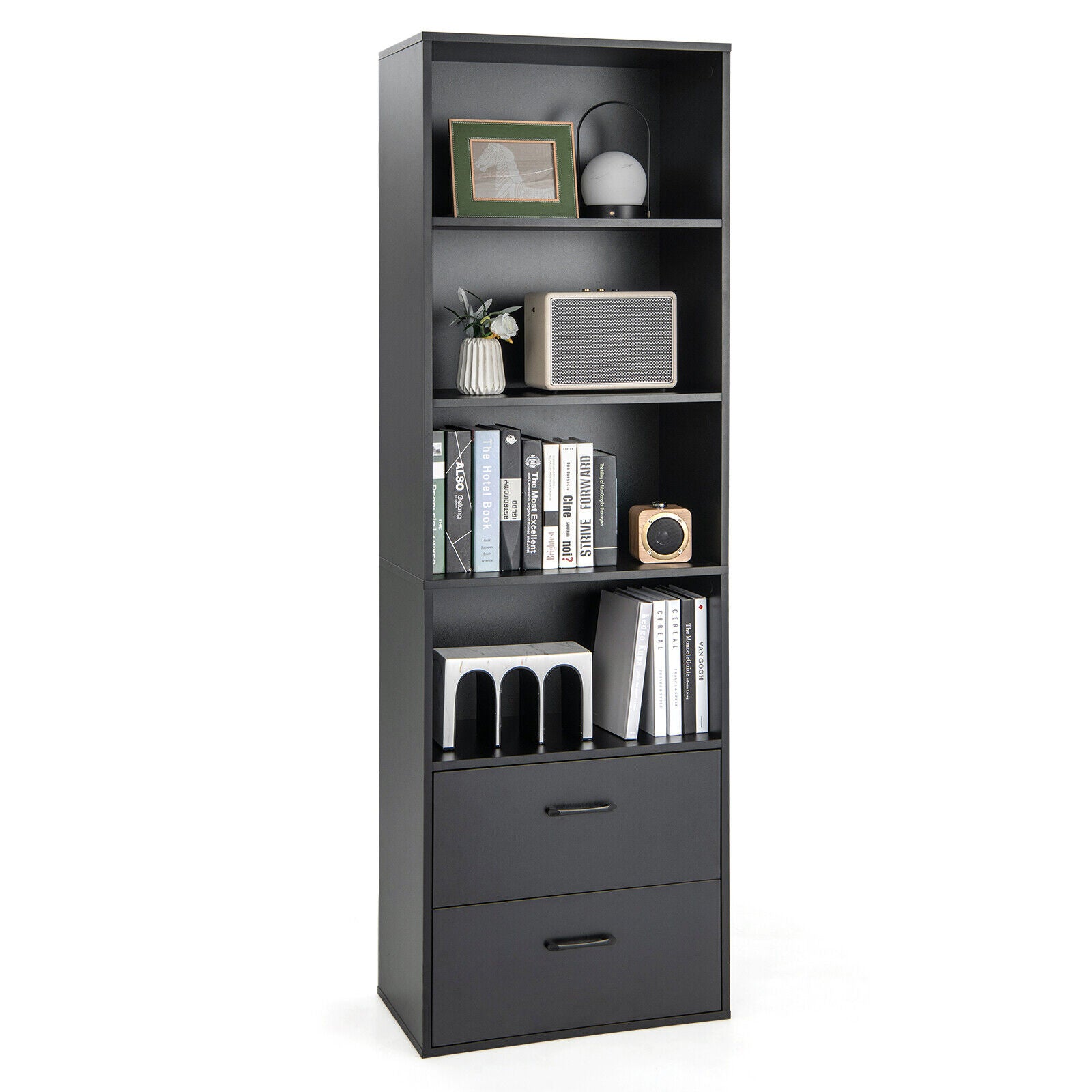 6-Tier Tall Freestanding Bookshelf, 4 Open Shelves, 2 Drawers, Black Bookcases Black at Gallery Canada
