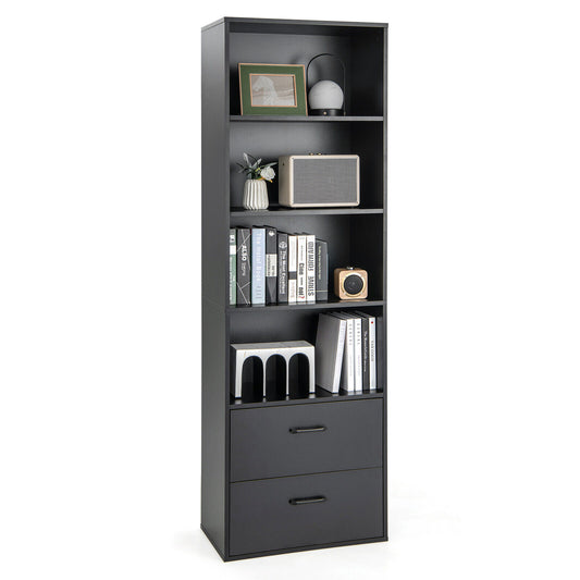6-Tier Tall Freestanding Bookshelf, 4 Open Shelves, 2 Drawers, Black Bookcases Black at Gallery Canada