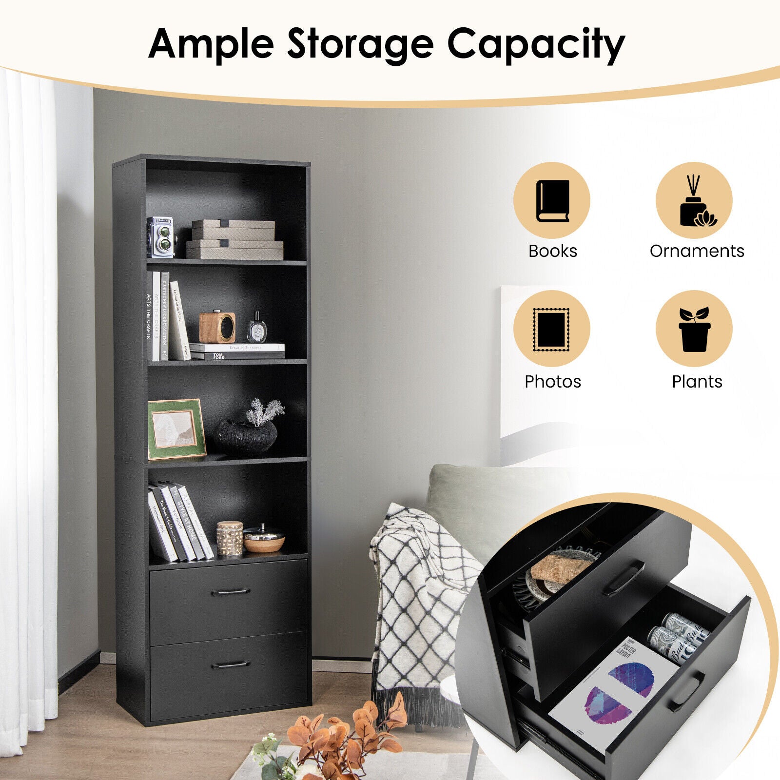 6-Tier Tall Freestanding Bookshelf with 4 Open Shelves and 2 Drawers, Black Bookcases at Gallery Canada