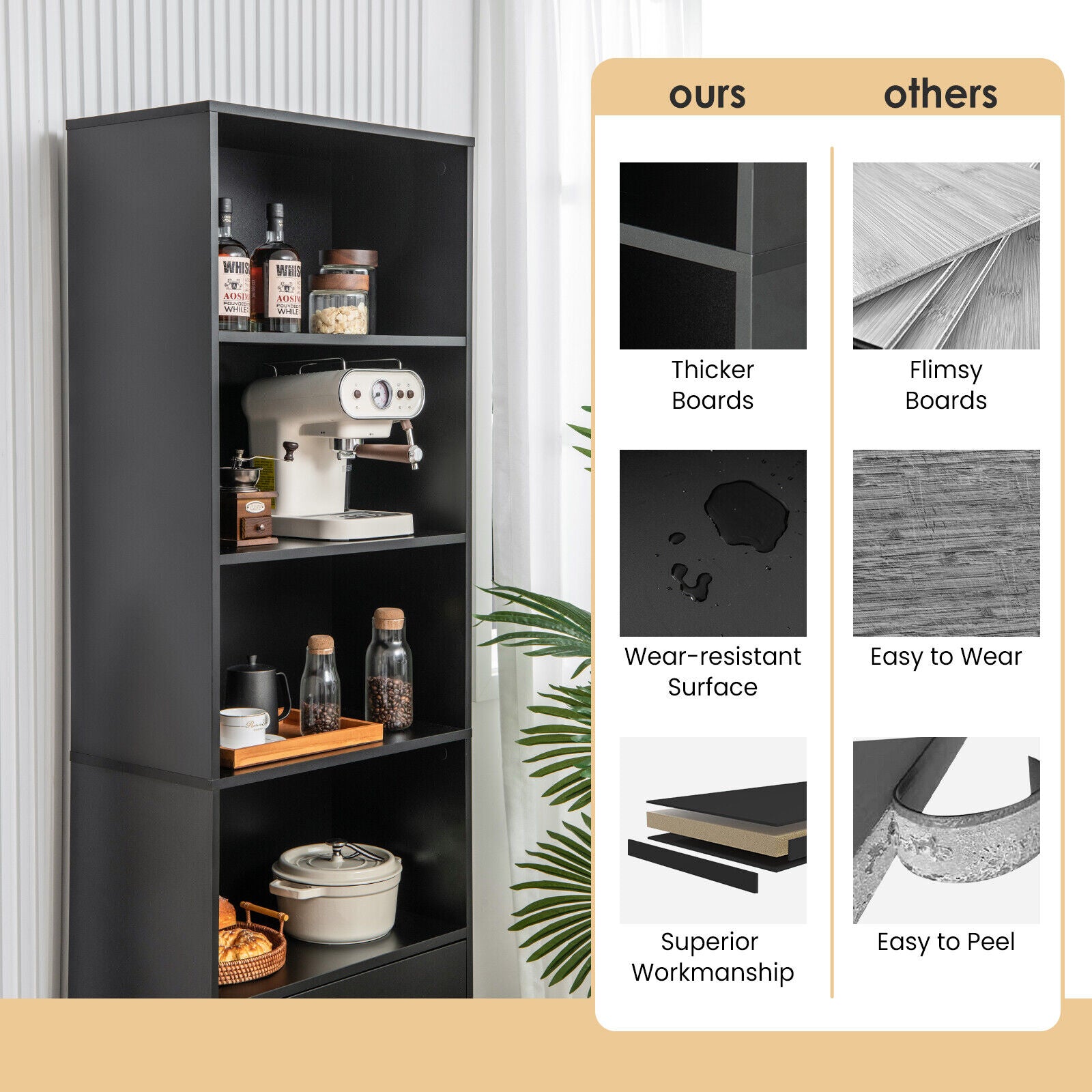 6-Tier Tall Freestanding Bookshelf with 4 Open Shelves and 2 Drawers, Black Bookcases at Gallery Canada