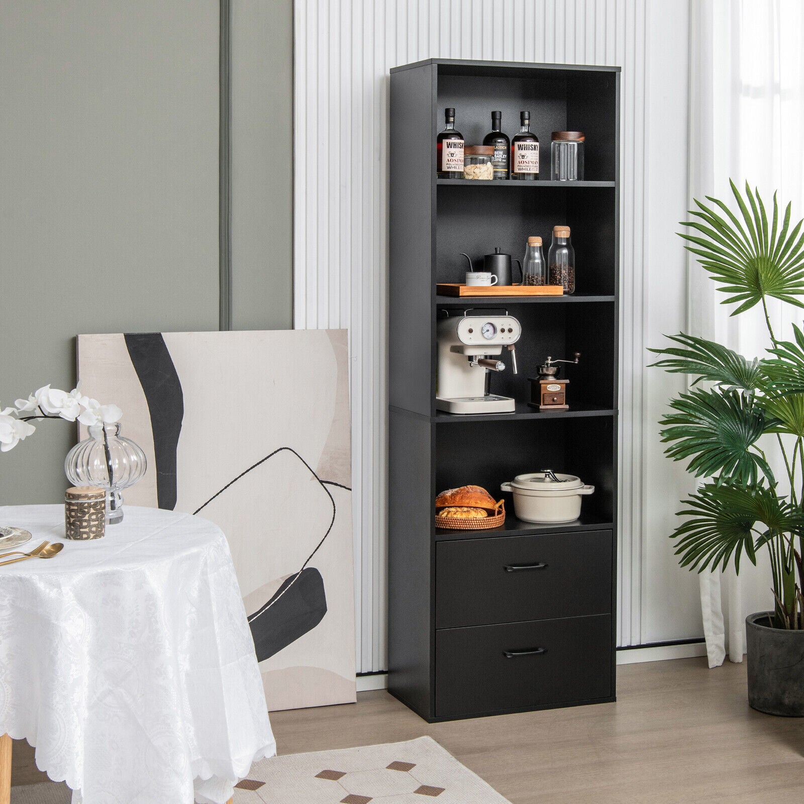 6-Tier Tall Freestanding Bookshelf, 4 Open Shelves, 2 Drawers, Black Bookcases at Gallery Canada