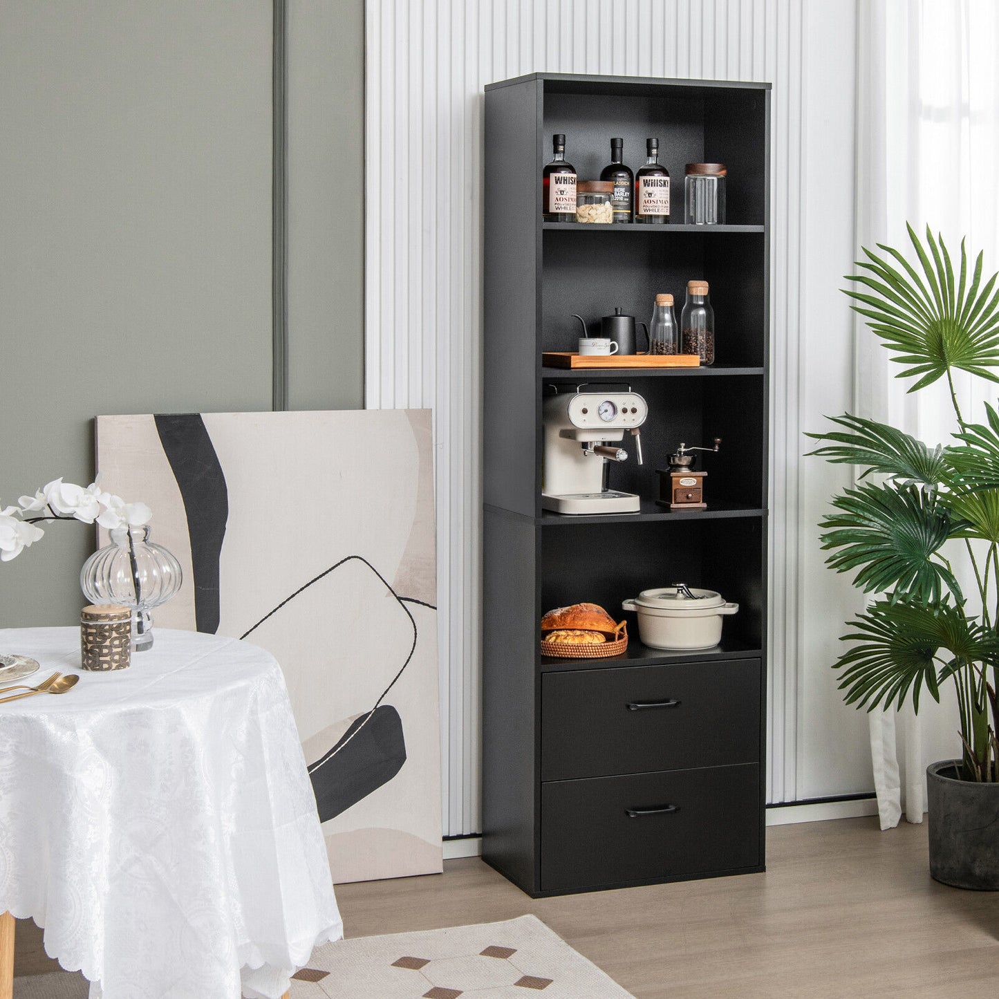 6-Tier Tall Freestanding Bookshelf, 4 Open Shelves, 2 Drawers, Black Bookcases at Gallery Canada