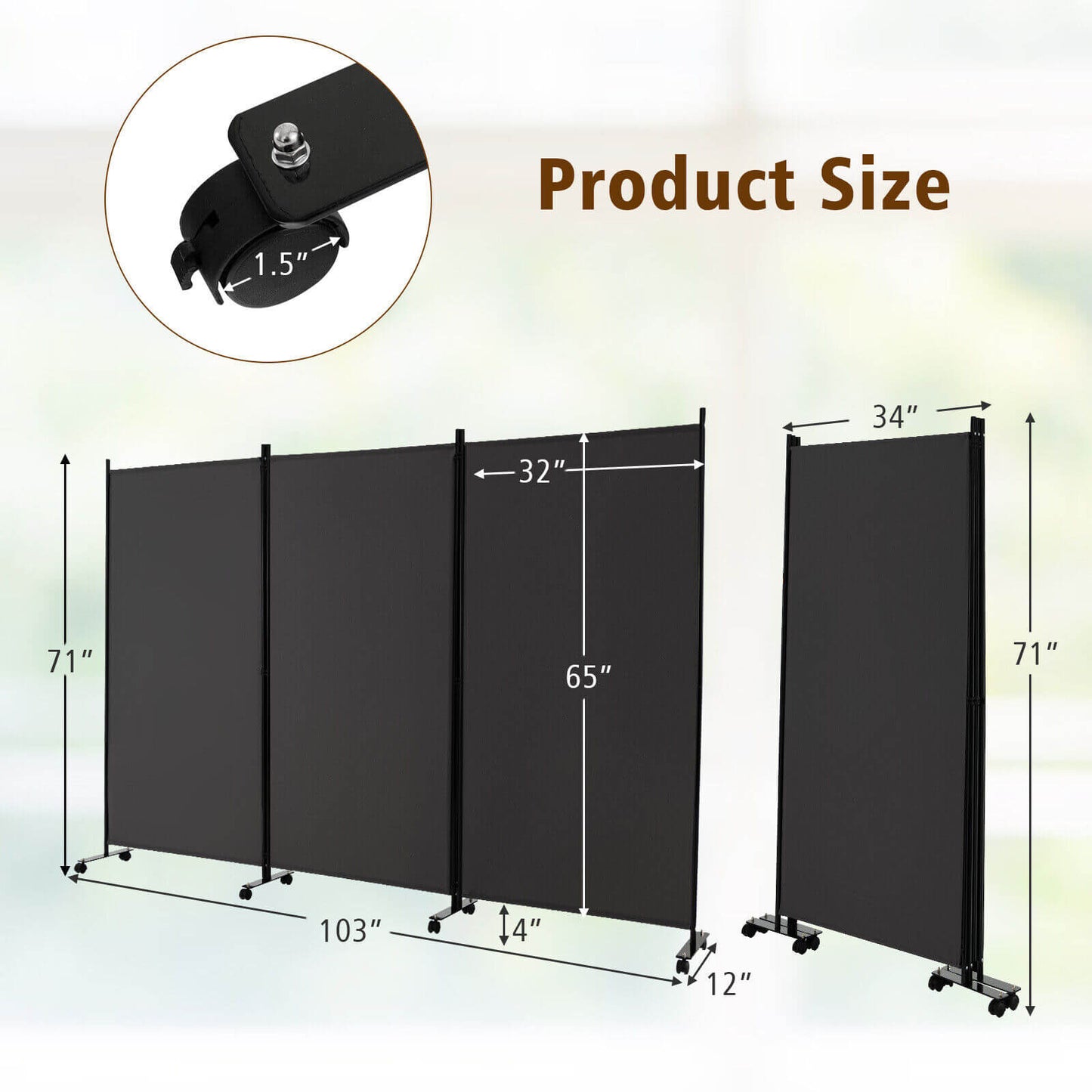 3 Panel Folding Room Divider with Lockable Wheels, Gray Room Dividers at Gallery Canada