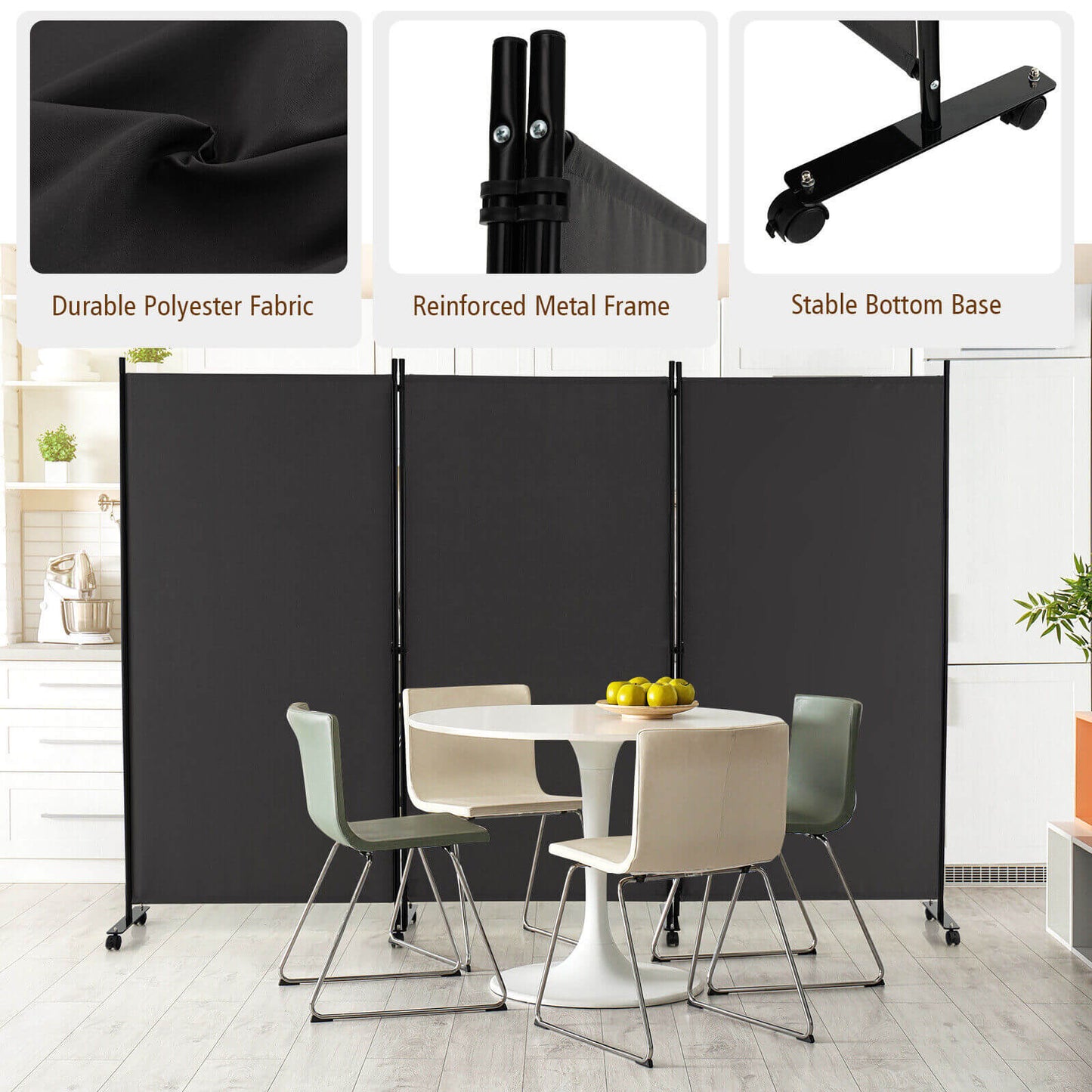 3 Panel Folding Room Divider with Lockable Wheels, Gray Room Dividers at Gallery Canada