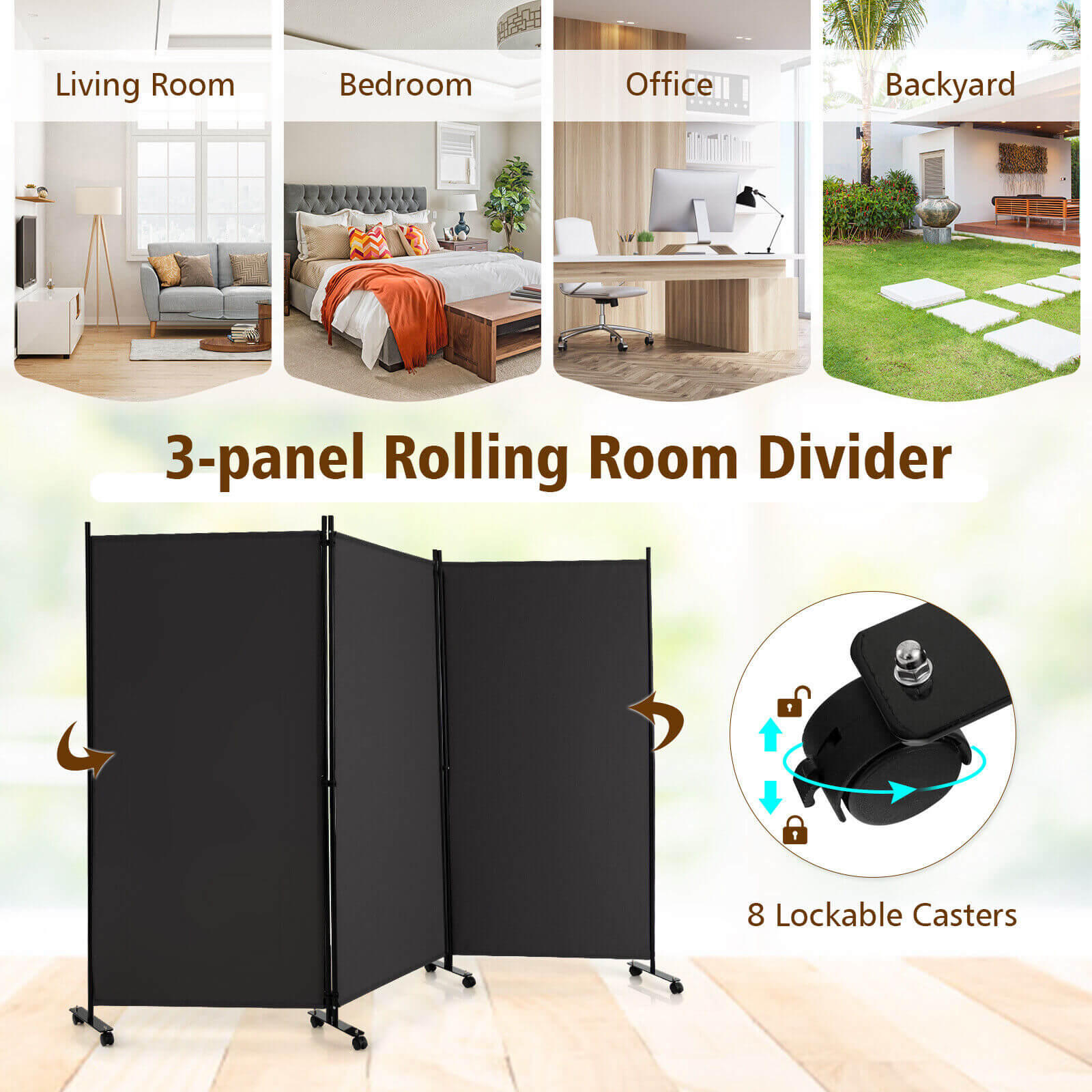 3 Panel Folding Room Divider with Lockable Wheels, Gray Room Dividers at Gallery Canada