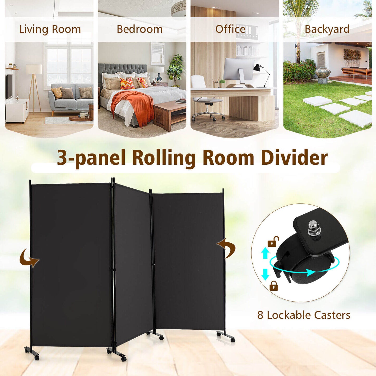 3 Panel Folding Room Divider with Lockable Wheels, Gray Room Dividers at Gallery Canada