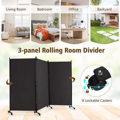 3 Panel Folding Room Divider with Lockable Wheels, Gray Room Dividers at Gallery Canada