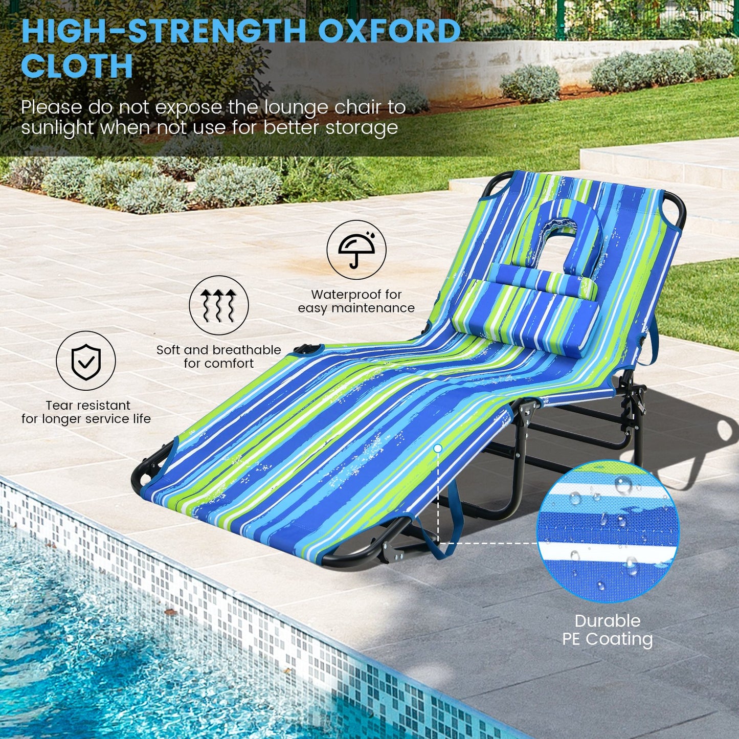 Beach Chaise Lounge Chair with Face Hole and Removable Pillow, Blue & Green - Gallery Canada